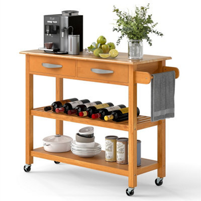 3 Tier Kitchen Cart With Wood Top 2 Drawers Rolling Storage Trolley Natural - image 1