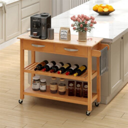 3 Tier Kitchen Cart With Wood Top 2 Drawers Rolling Storage Trolley Natural - thumbnail 5