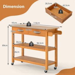3 Tier Kitchen Cart With Wood Top 2 Drawers Rolling Storage Trolley Natural - thumbnail 2