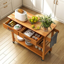 3 Tier Kitchen Cart With Wood Top 2 Drawers Rolling Storage Trolley Natural - thumbnail 4