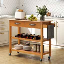 3 Tier Kitchen Cart With Wood Top 2 Drawers Rolling Storage Trolley Natural - thumbnail 3