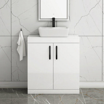 Royal Bathrooms Turin 800mm Floor Standing Vanity Unit 2 Door Gloss White & Countertop Basin - Cube With Matt Black Handle - image 1