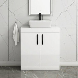 Royal Bathrooms Turin 800mm Floor Standing Vanity Unit 2 Door Gloss White & Countertop Basin - Cube With Matt Black Handle - thumbnail 1