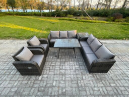 Fimous 8 Seater Rattan Outdoor Garden Furniture Sofa Set Patio Table & Chairs Set With 3 Seater Sofa Dining Table Side Table - thumbnail 1
