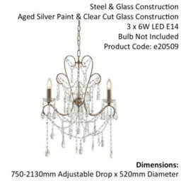 Aged Silver Ceiling Chandelier - 3 Bulb Light Decorative Ceiling Pendant Fitting - thumbnail 2
