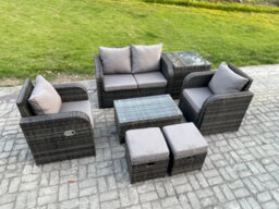 Fimous Rattan Outdoor Furniture Set Garden Love Sofa Coffee Table 2 Armchair Side Table 2 Small Footstools Dark Grey Mixed - thumbnail 2
