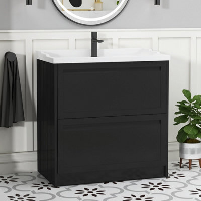 Royal Bathrooms Elmore 800mm Floor Standing 2 Drawer Bathroom Vanity Unit With Traditional Ceramic Basin Sink -Matt Nocturne Black - image 1