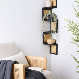 Beliani Corner Wall Bookcase 4-Tier In Light Paulownia Wood, Matte Black - Space-Saving Corner Shelf - thumbnail 2