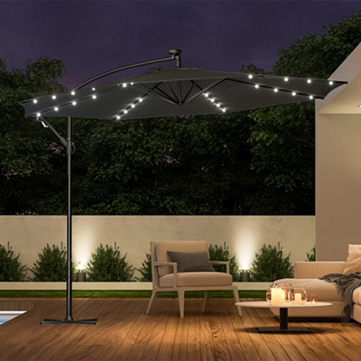 Living And Home 3M Led Lighted Large Garden Cantilever Parasol Outdoor Sun Shade Banana Umbrella Crank Tilt With Cross Base, Dark Grey - image 1