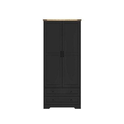 Black 2 Door 2 Drawer Panelled Wardrobe W/ Top Hanging Rail Freestanding Storage - image 1