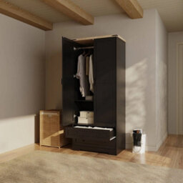 Black 2 Door 2 Drawer Panelled Wardrobe W/ Top Hanging Rail Freestanding Storage - thumbnail 5