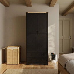 Black 2 Door 2 Drawer Panelled Wardrobe W/ Top Hanging Rail Freestanding Storage - thumbnail 6