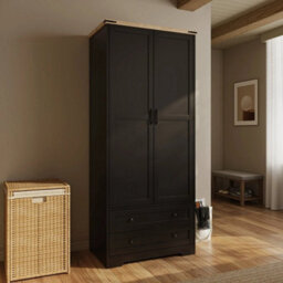 Black 2 Door 2 Drawer Panelled Wardrobe W/ Top Hanging Rail Freestanding Storage - thumbnail 3