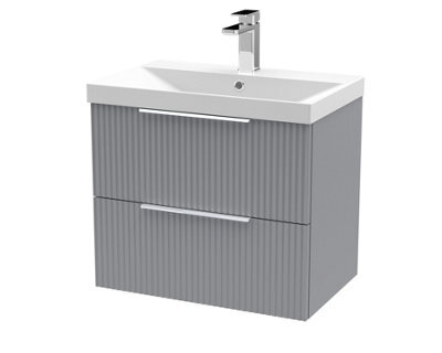 Hudson Reed Fluted Wall Hung 2-Drawer Vanity And Thin-Edge Basin, Contemporary Sink Vanity Unit, Satin Grey, 600mm - image 1