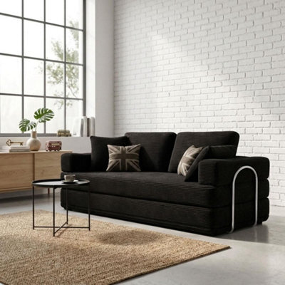 Flex Black 3 Seater Compressed Sofa Bed Cord Boneless Cloud Couch Foam Pocket Spring - image 1