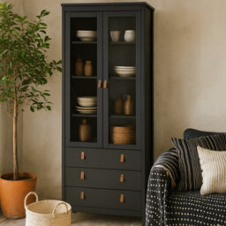 Wyld Haus Wildberry Matt Black Display Cabinet With 2 Glass Doors And 3 Drawers Leather Handles - thumbnail 2