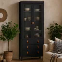 Wyld Haus Wildberry Matt Black Display Cabinet With 2 Glass Doors And 3 Drawers Leather Handles