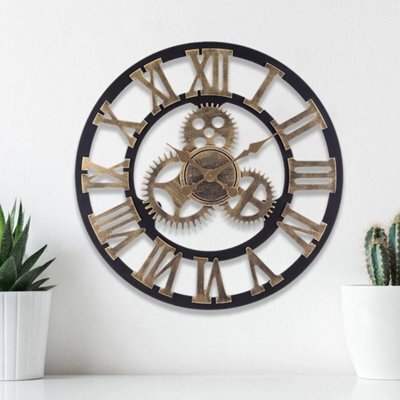60Cm Large Roman Numerals Skeleton Wall Clock Big Giant Open Face Round Home Gold - image 1