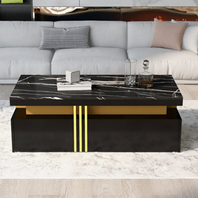 Modern Black Rectangular Coffee Table With Marble Pattern Top And 2 Wooden Drawers - image 1