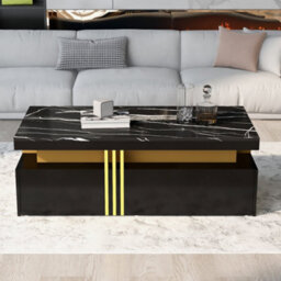 Modern Black Rectangular Coffee Table With Marble Pattern Top And 2 Wooden Drawers - thumbnail 1