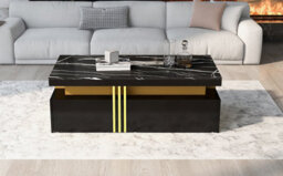 Modern Black Rectangular Coffee Table With Marble Pattern Top And 2 Wooden Drawers - thumbnail 2