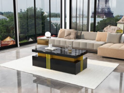 Modern Black Rectangular Coffee Table With Marble Pattern Top And 2 Wooden Drawers - thumbnail 4
