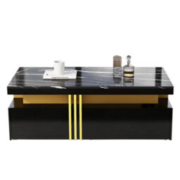 Modern Black Rectangular Coffee Table With Marble Pattern Top And 2 Wooden Drawers - thumbnail 8