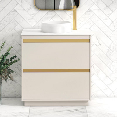Royal Bathrooms Orion 800mm Warm Taupe Floor Standing Plain White Countertop Vanity Unit 2 Drawer With Round Basin & Brushed Brass Accent Trim - image 1