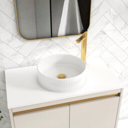 Royal Bathrooms Orion 800mm Warm Taupe Floor Standing Plain White Countertop Vanity Unit 2 Drawer With Round Basin & Brushed Brass Accent Trim - thumbnail 5