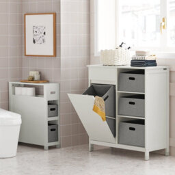 Sobuy Bzr77-W, Laundry Cabinet Freestanding Bathroom Cabinet With Laundry Basket Storage Uint With Drawers,white - thumbnail 2
