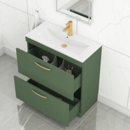 Royal Bathrooms Turin 800mm Floor Standing Vanity Unit Matt Green 2 Drawer Minimalist Basin With Brushed Brass Handles - thumbnail 5