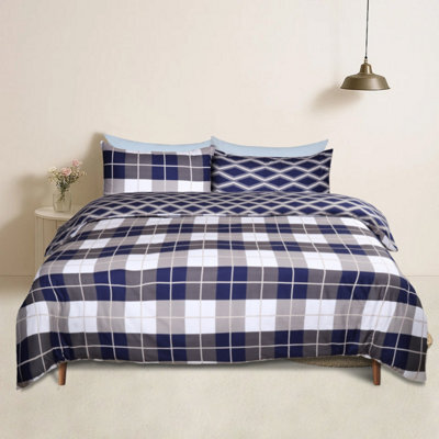 Bedlooms Navy Check Printed Duvet Cover Set, Reversible & Hypoallergenic Bedding Pack, Single 135X200Cm - image 1