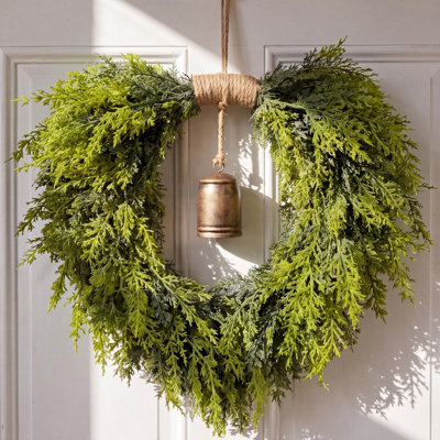 "Amorly Christmas Norfolk Pine Wreath For Front Door With Rustic Bell 19"" Rustic Heart Shaped Wreath,for Door Window Mantle Outdoor Indoor" - image 1