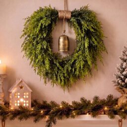 "Amorly Christmas Norfolk Pine Wreath For Front Door With Rustic Bell 19"" Rustic Heart Shaped Wreath,for Door Window Mantle Outdoor Indoor" - thumbnail 3