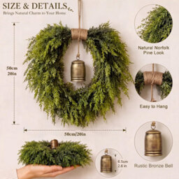 "Amorly Christmas Norfolk Pine Wreath For Front Door With Rustic Bell 19"" Rustic Heart Shaped Wreath,for Door Window Mantle Outdoor Indoor" - thumbnail 2