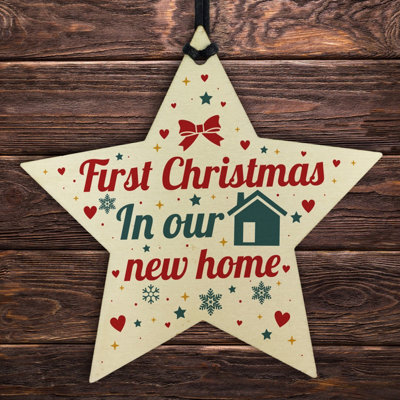 Red Ocean New Home Christmas Tree Wooden Star Bauble Gift Xmas Decoration - image 1