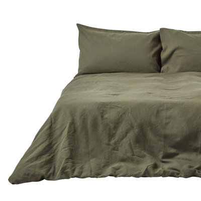 Homescapes Khaki Green European Linen Duvet Cover Set, 150 X 200 Cm - image 1