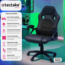 Tectake Gaming Chair Tyson - Ergonomic Shape, Thick Padding - Black - thumbnail 2