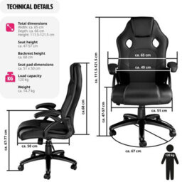 Tectake Gaming Chair Tyson - Ergonomic Shape, Thick Padding - Black - thumbnail 6