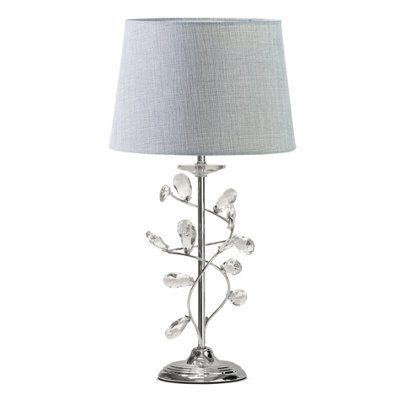 Lighting Supermarket Crystal Glass Leaf Design Modern Chrome Table Lamp With Grey Linen Shade - image 1
