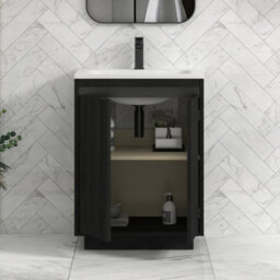 Royal Bathrooms Orion 600mm Floor Standing Bathroom Vanity Unit 2 Door Hale Black With Matt Stone Basin & Black Accent Trim - thumbnail 5