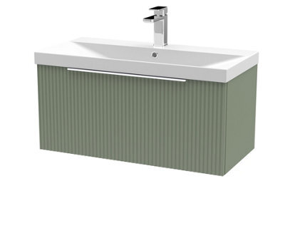 Hudson Reed Fluted Wall Hung 1-Drawer Vanity And Thin-Edge Basin, Contemporary Sink Vanity Unit, Satin Green, 800mm - image 1
