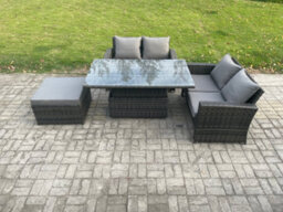 Fimous 4 Pieces Garden Furniture Sets Rattan Outdoor Patio Height Adjustable Rising Lifting Table Sofa Dining Set - thumbnail 2
