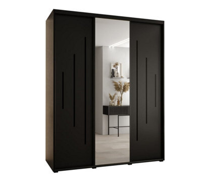 Arte Bold Black Mirrored Cannes Xiii Sliding Wardrobe H2050mm W2000mm D600mm With Custom Black Steel Handles And Decorative Strips - image 1