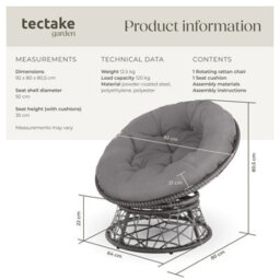 Tectake Garden Chair Gargano - Rotatable, Resilient Polyrattan, Comfortable Round Cushion,  - Grey - 1 - thumbnail 6