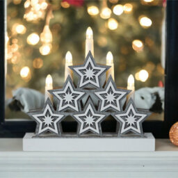 My Smart Buy Natural Wooden Candle Bridge - 5 Warm White Led Candles, Star Detail, Battery Operated Christmas Decoration - thumbnail 1