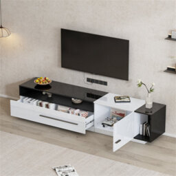Abrihome 70 Inch High Gloss Tv Stand, Modern Entertainment Center For 60-70 Inch Tvs With 2 Storage Spaces, White+Black