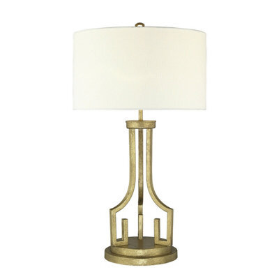 Elegant Grecian Key Motif Table Lamp With Distressed Gold Finish And Ivory Linen Shade