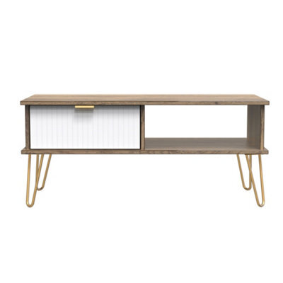 Linear Ready Assembled Matt White Dark Oak Effect 1 Drawer Small Coffee Table (H)455mm (W)905mm (D)395mm - image 1