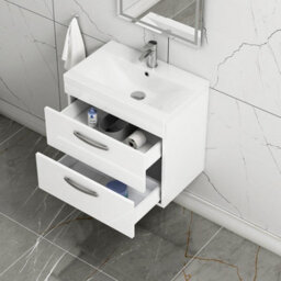 Royal Bathrooms Turin Gloss White 600mm Wall Hung Vanity Unit 2 Drawer With Mid-Edge Basin Sink - thumbnail 3